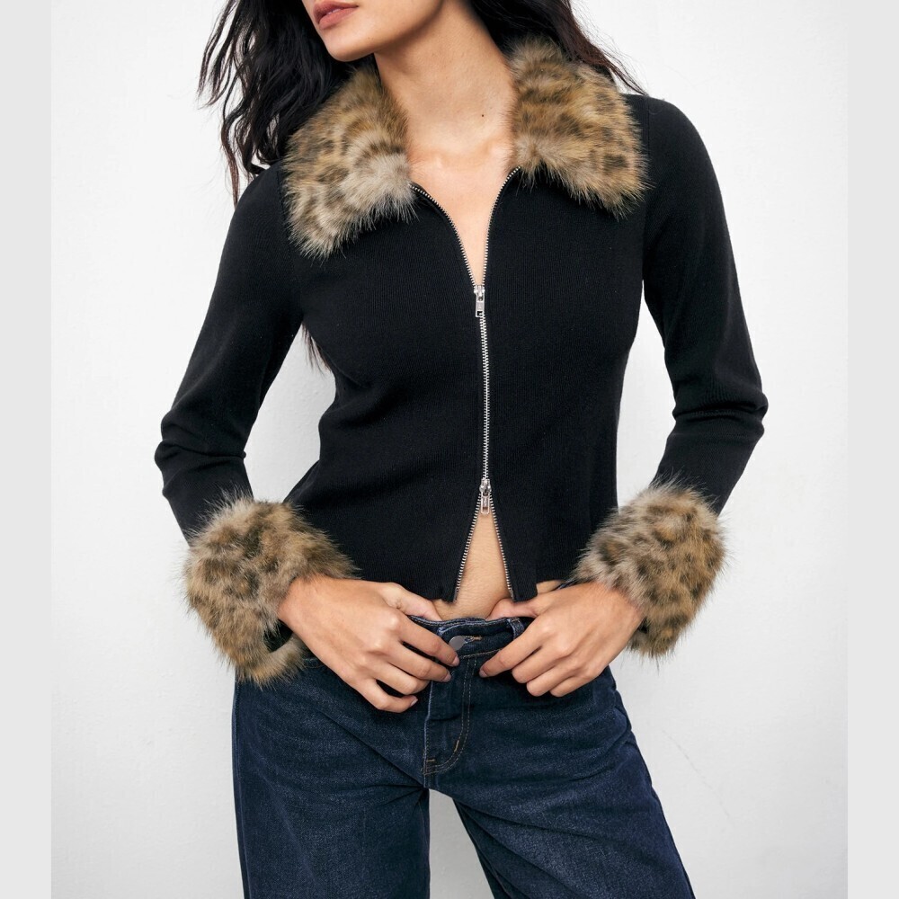 Black Ribbed Knit Zip Front Crop Cardigan with Faux Fur Collar and Cuffs